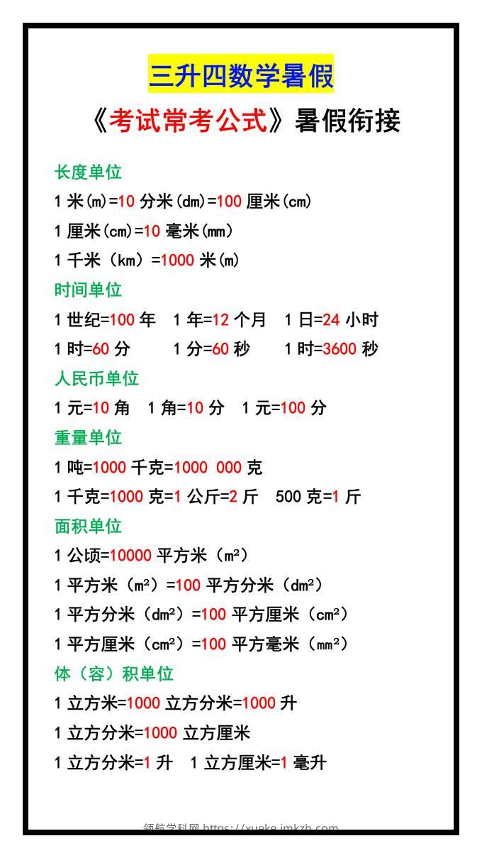 三升四数学暑假《考试常考公式》大汇总-四上数学-领航学科网