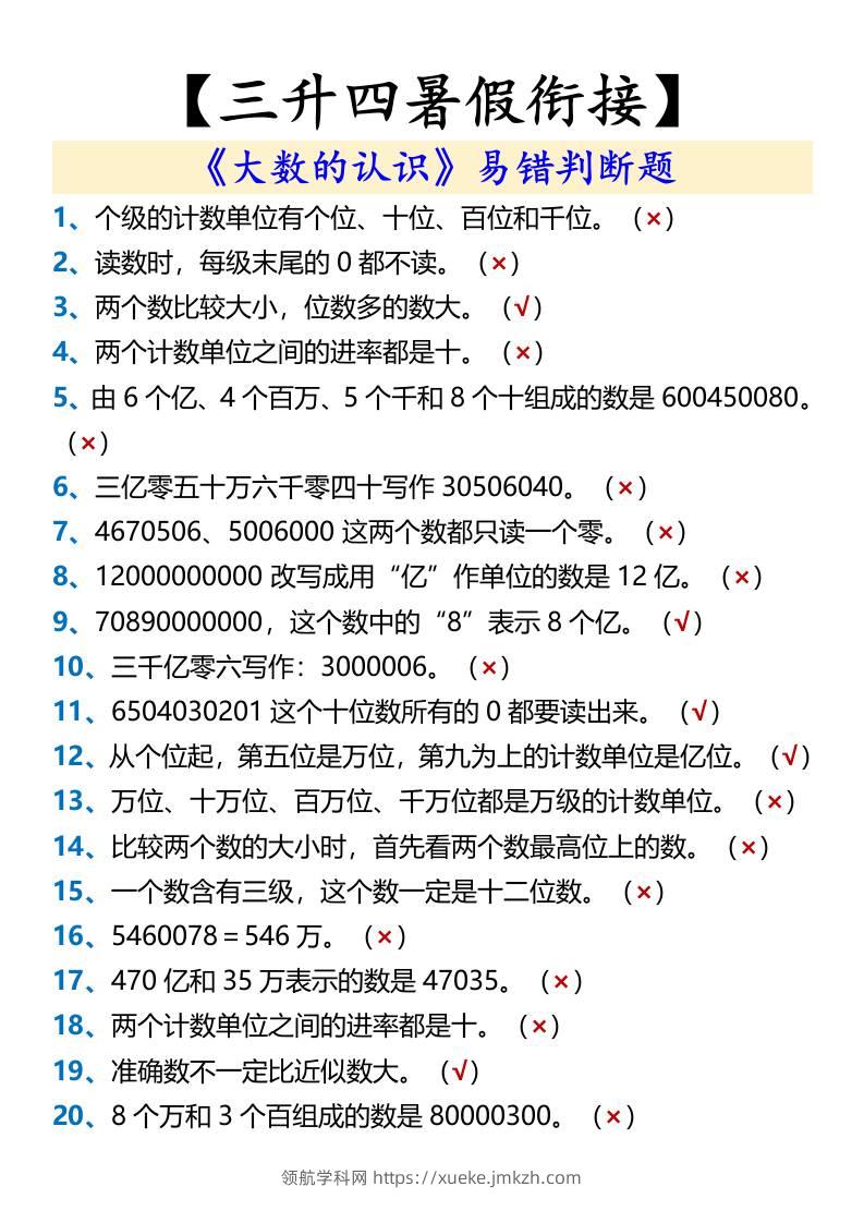 【三升四暑假衔接】《大数的认识》易错判断题-四上数学-领航学科网