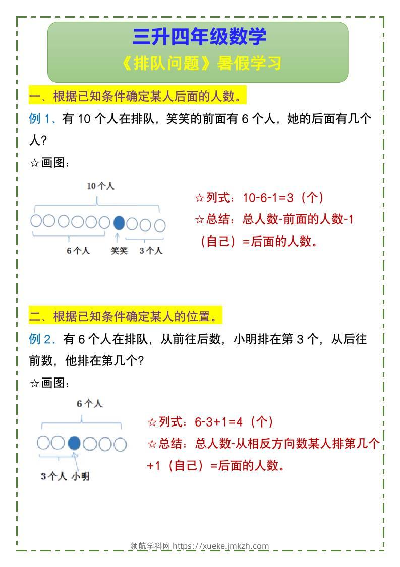 三升四年级数学《排队问题》暑假学习-四上数学-领航学科网
