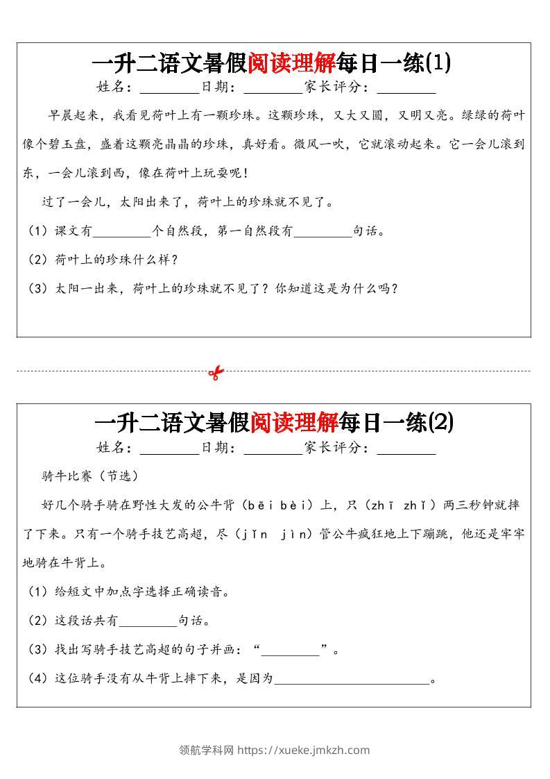 一升二语文暑假阅读理解每日一练32天（16页）-二上语文-领航学科网