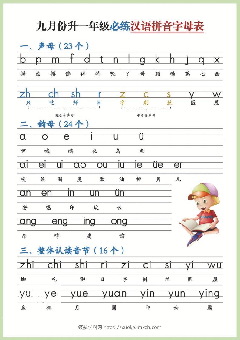 幼小衔接！语文九月份升一年级必练汉语拼音-声母-领航学科网