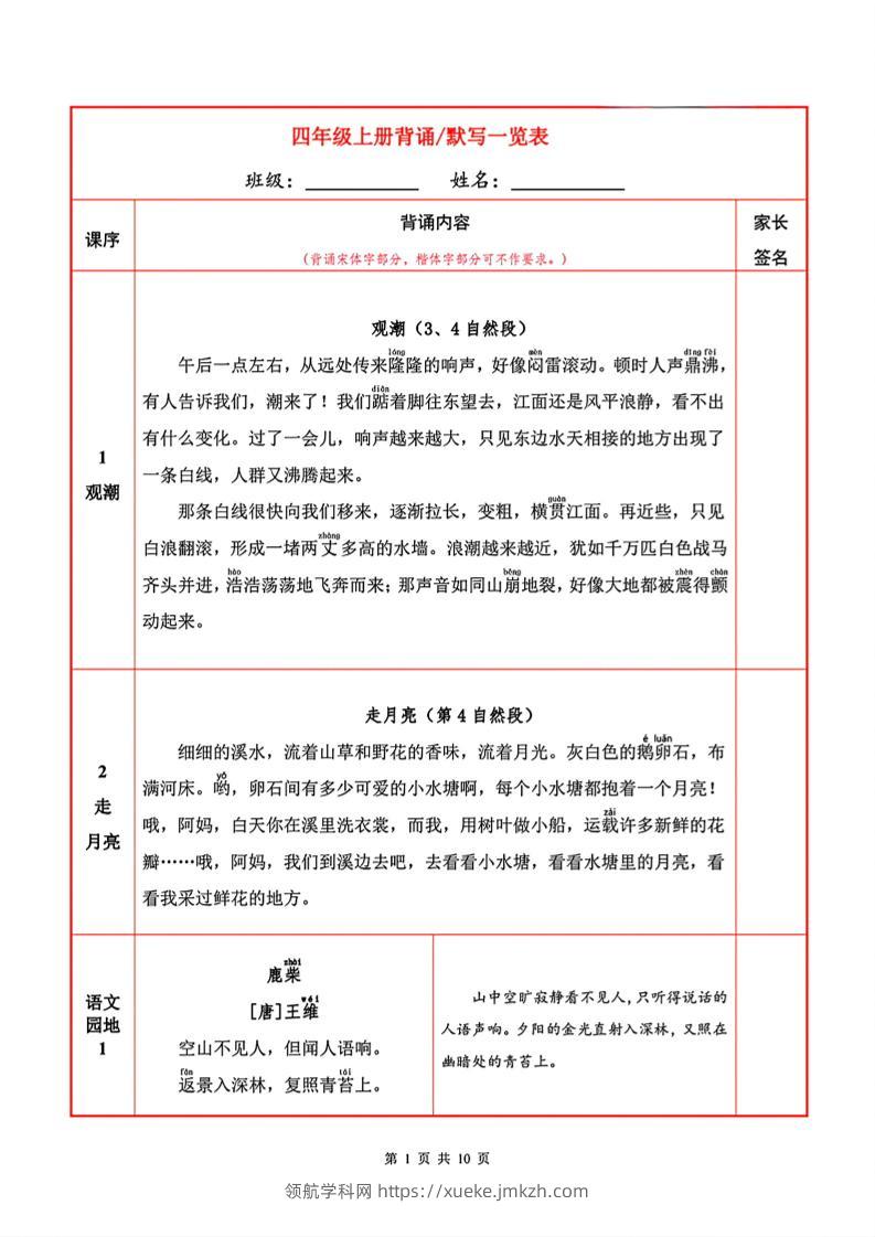 四上语文必背内容+默写表-领航学科网