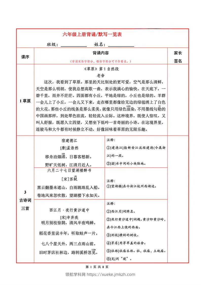 六上语文必背内容+默写表-领航学科网