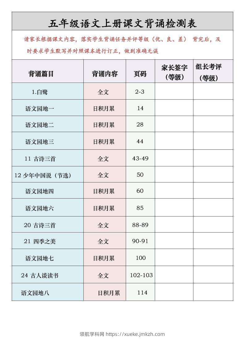 五年级语文上册课文背诵检测表-领航学科网