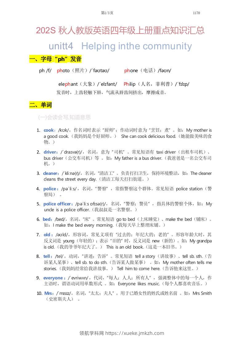2025秋人教版英语四上Unit4重点知识汇总-领航学科网