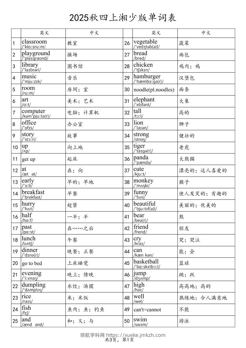 2025秋四上英语湘少版单词表-领航学科网