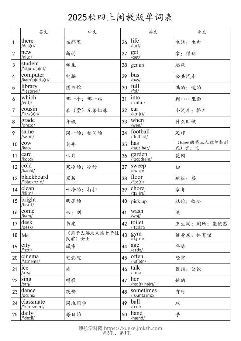 2025秋四上英语闽教版单词表-领航学科网