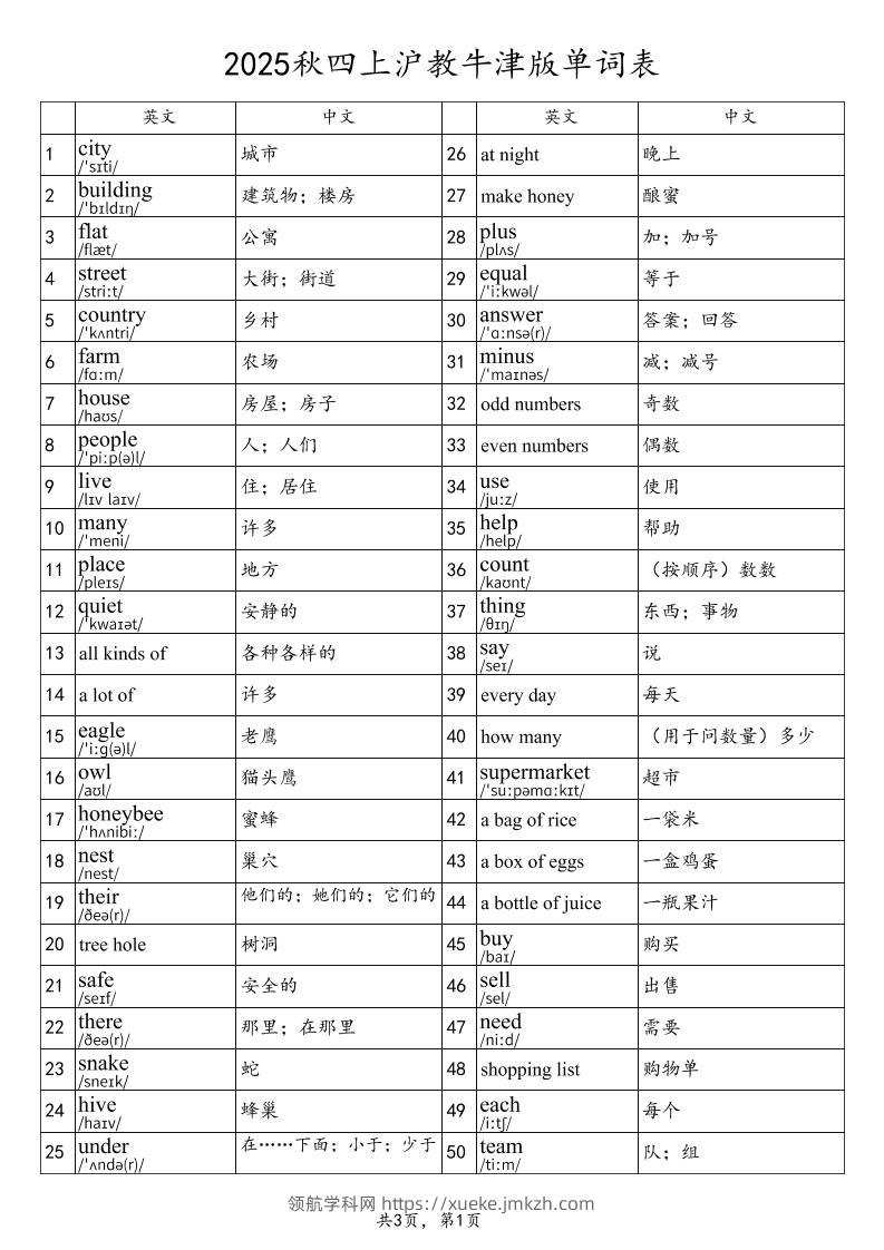 2025秋四上英语沪教牛津版单词表-领航学科网