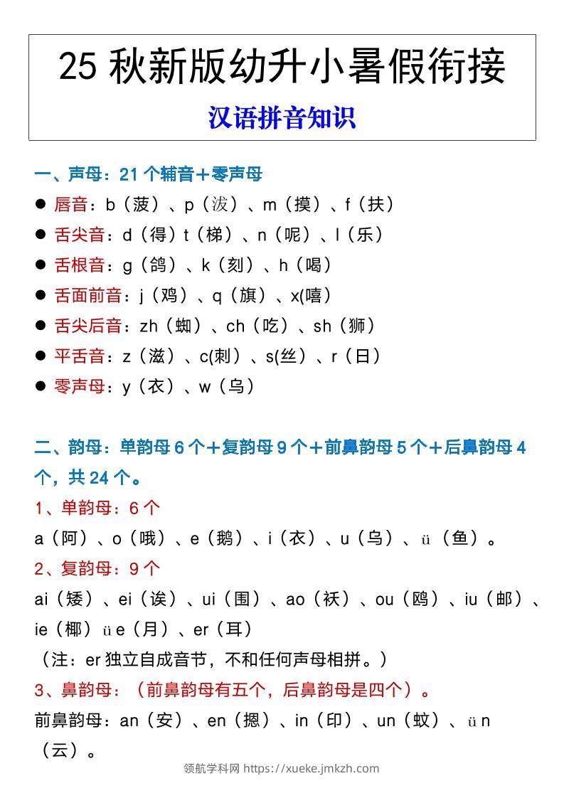 【2025秋新版】幼升小暑假衔接汉语拼音知识-领航学科网