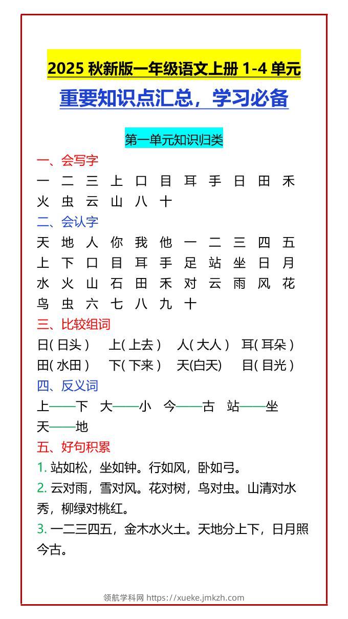 【2025秋新版】一年级语文上册1-4单元重要知识点汇总，学习必备-领航学科网