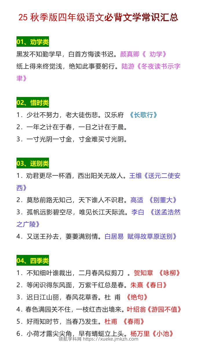 【2025秋新版】四年级语文上册必背文学常识汇总-领航学科网