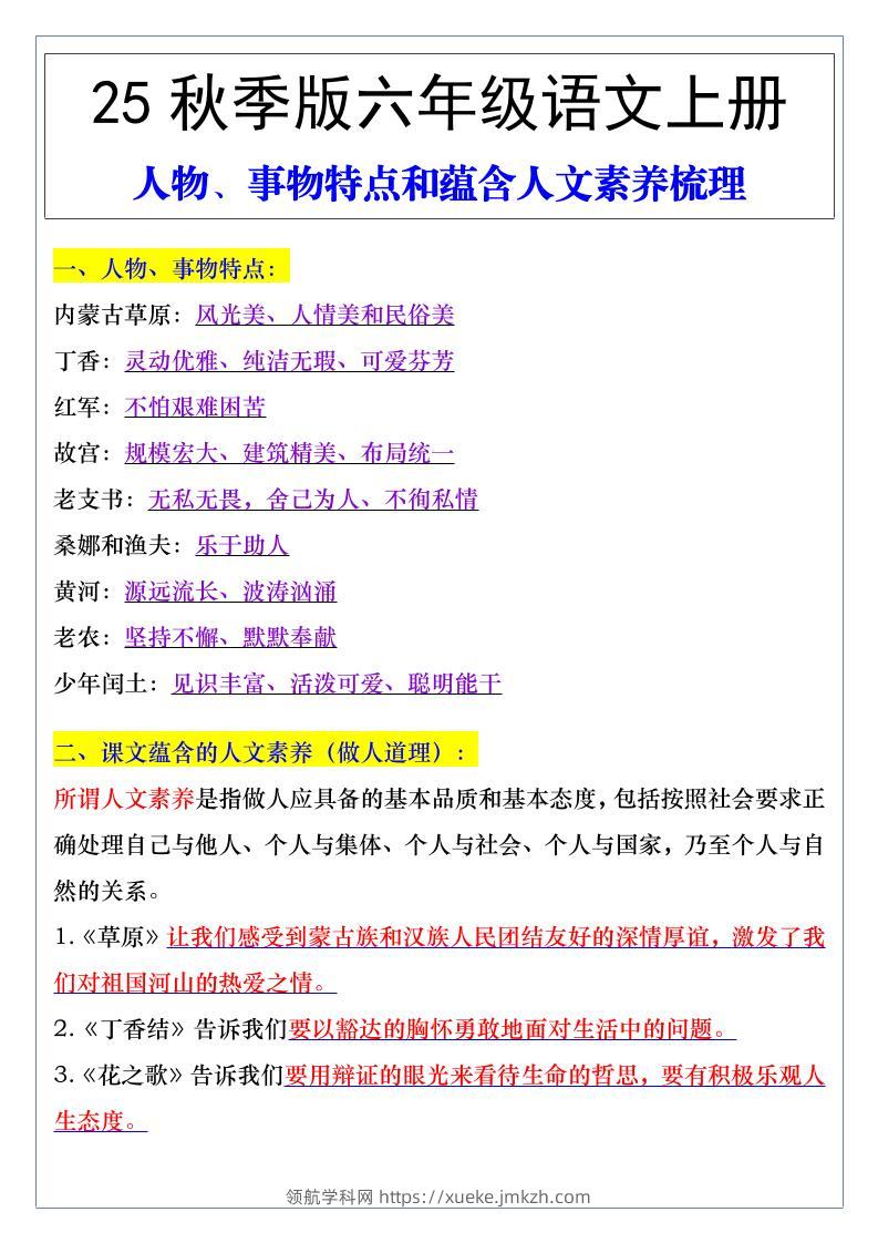 【2025秋新版】六年级语文上册人物、事物特点和蕴含人文素养梳理-领航学科网