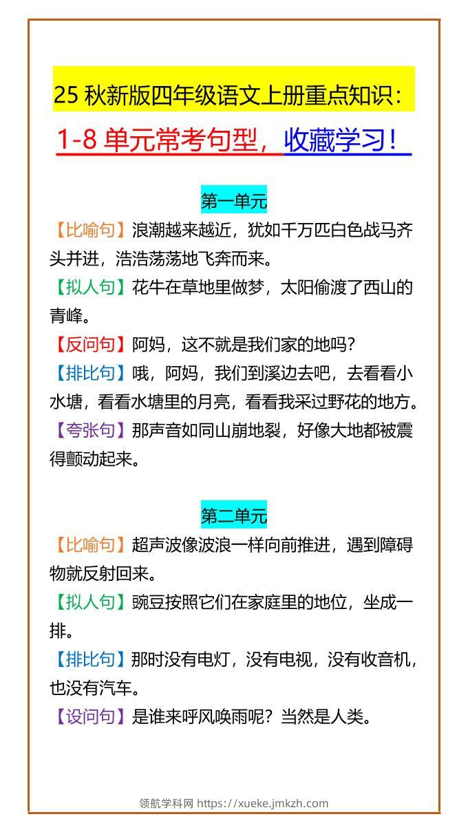 【2025秋新版】四年级语文上册重点知识：1-8单元常考句型，收藏学习！-领航学科网