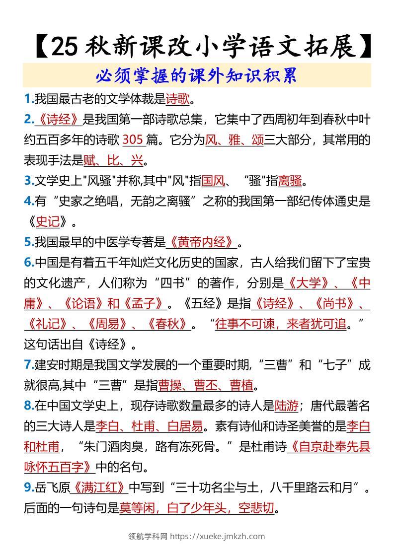 【2025秋新版】【小学语文拓展】必须掌握的课外知识积累-六上语文-领航学科网
