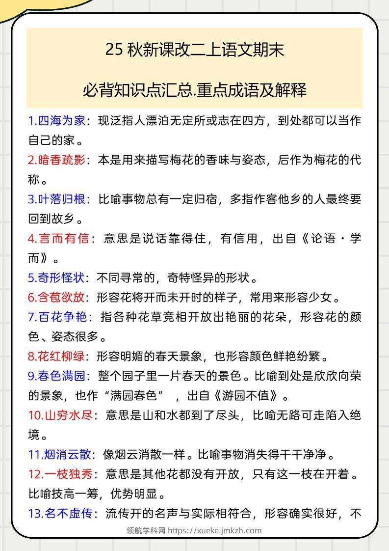 【2025秋新版】二上语文期末必背知识点汇总.重点成语及解释-领航学科网