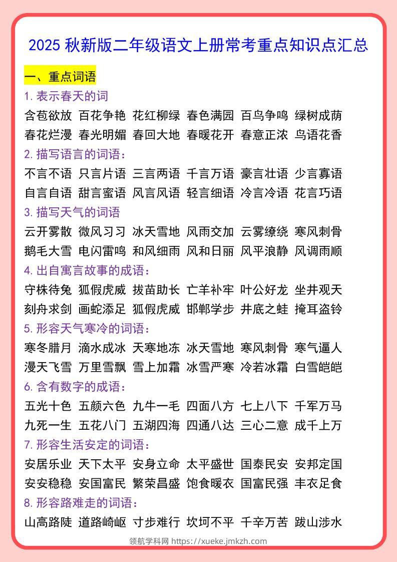 【2025秋新版】二年级语文上册常考重点知识点汇总-领航学科网