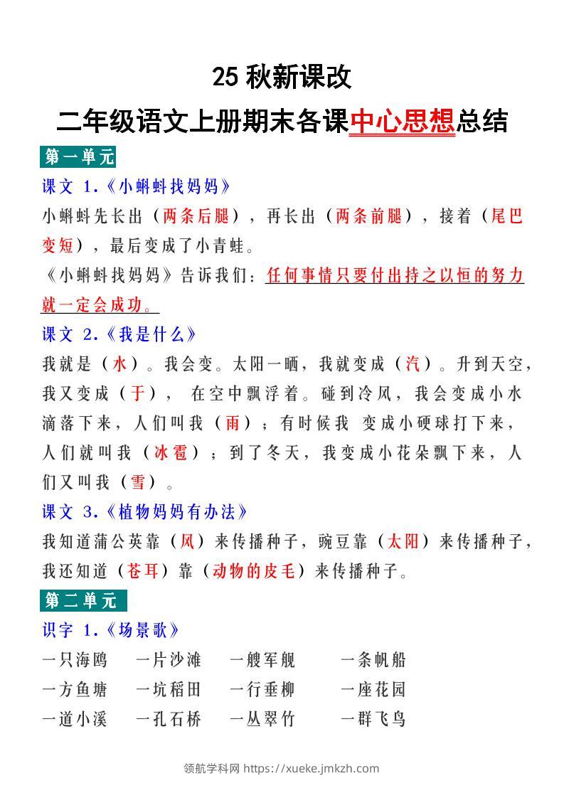 【2025秋新版】二年级语文上册期末各课中心思想总结-领航学科网