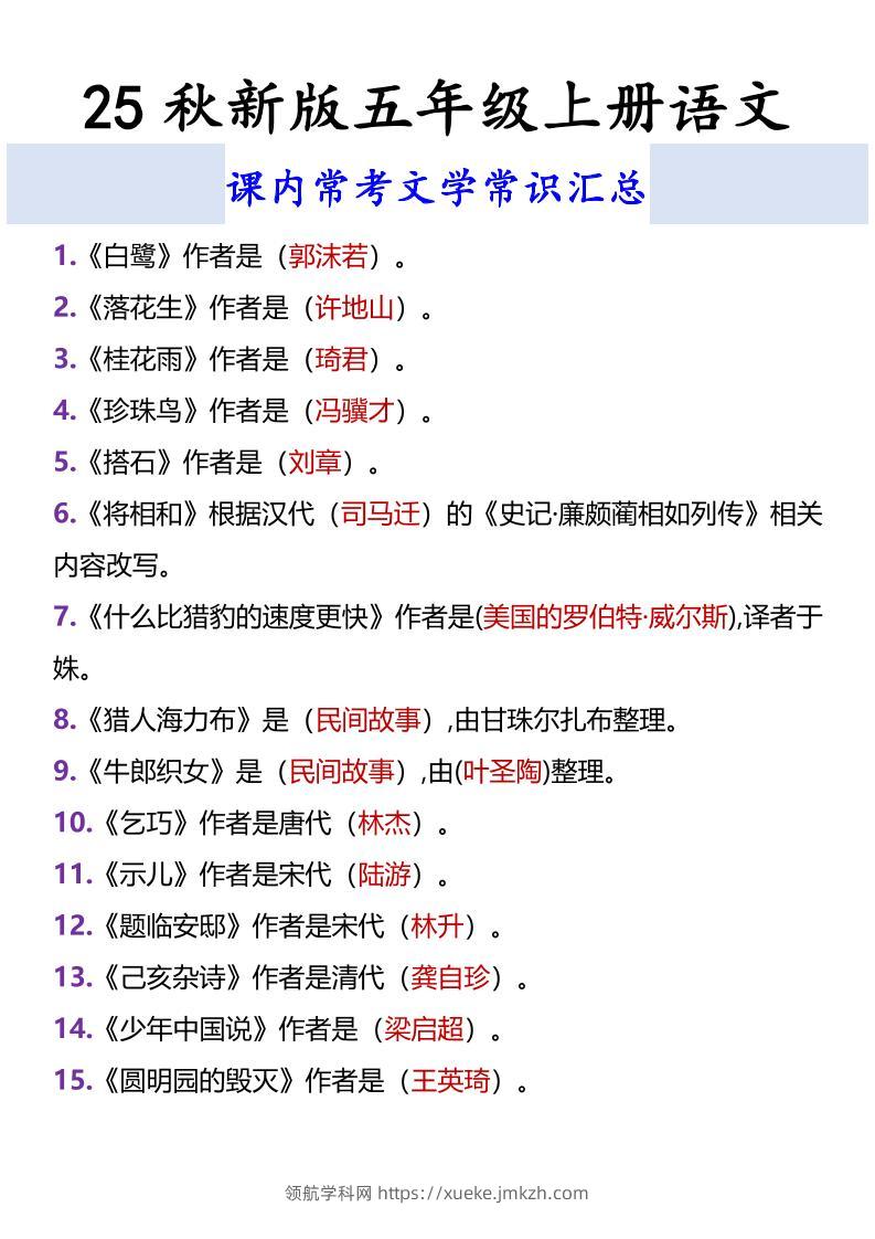 【2025秋新版】五年级上册语文课内常考文学常识汇总-领航学科网