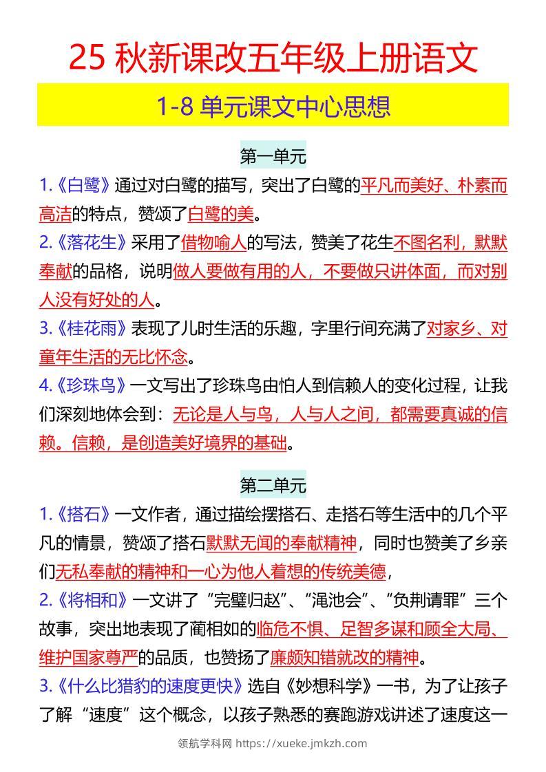 【2025秋新版】五年级上册语文1-8单元课文中心思想-领航学科网