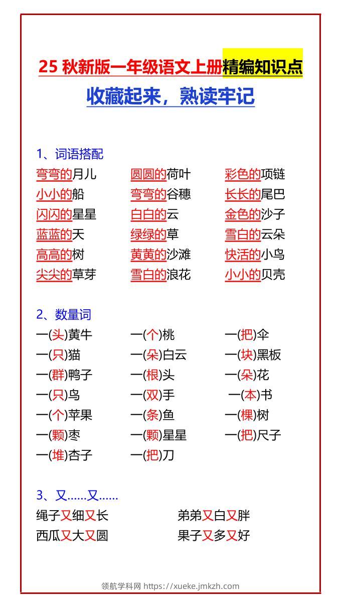 【2025秋新版】一年级语文上册精编知识点收藏起来，熟读牢记-领航学科网