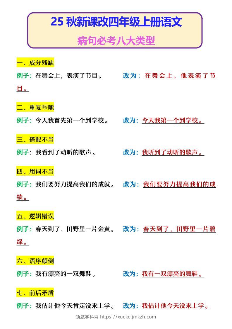 【2025秋新版】四年级上册语文病句必考八大类型-领航学科网