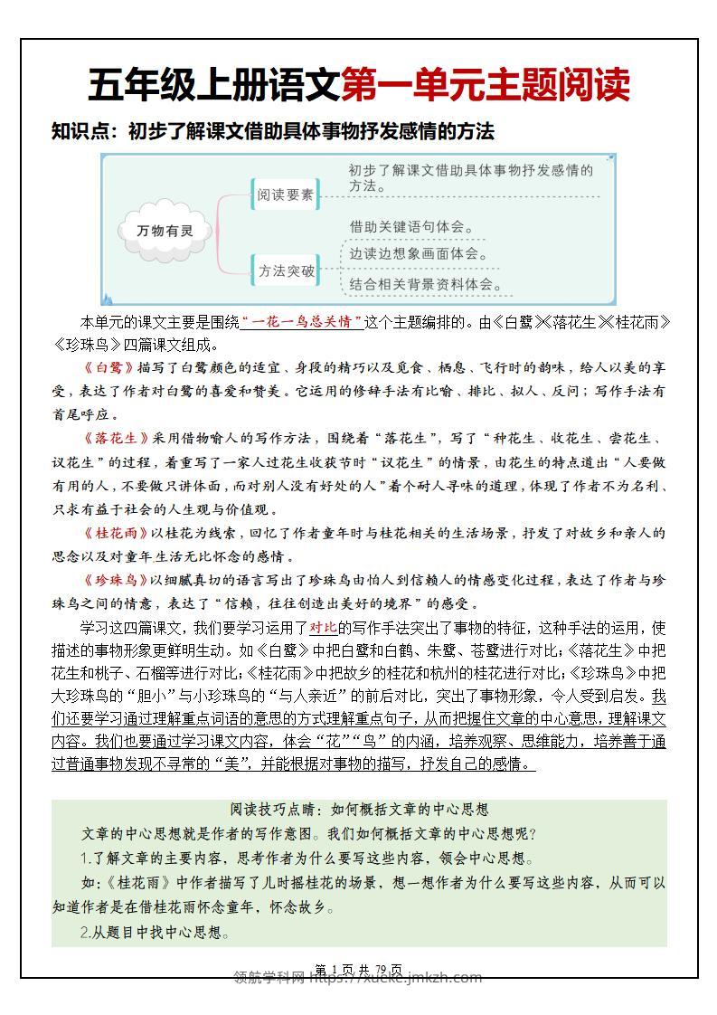 五上语文1-8单元主题阅读理解（含答案79页）-领航学科网