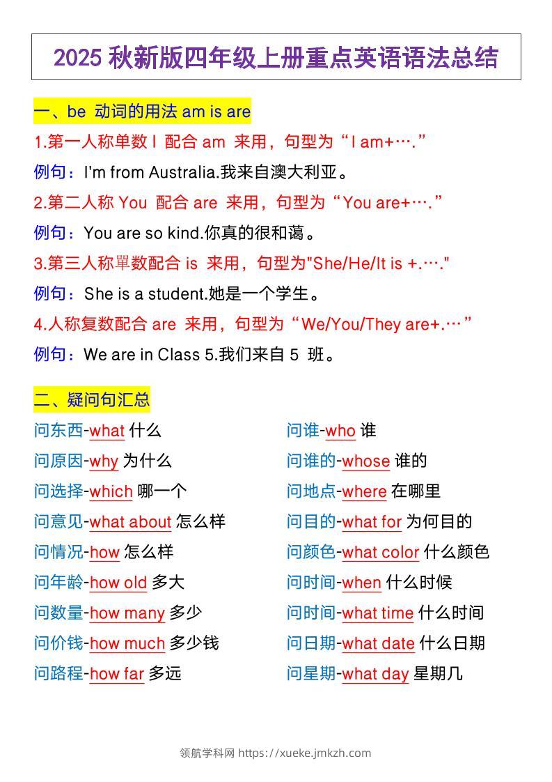 【2025秋新版】四年级上册英语，重点英语语法总结-领航学科网