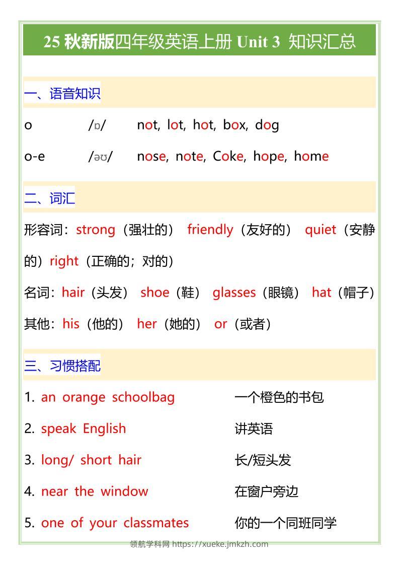 【2025秋新版】PEP版四年级英语上册Unit3知识汇总-领航学科网