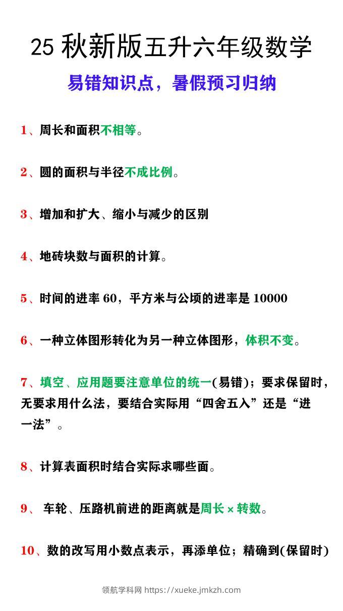 【2025秋新版】五升六年级上册数学易错知识点，暑假预习归纳-领航学科网