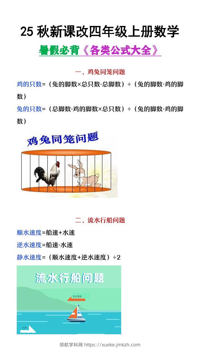 【2025秋新版】四年级上册数学各类公式汇总-领航学科网