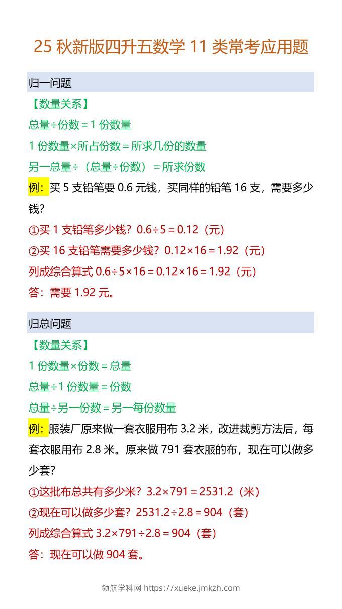【2025秋新版】四升五数学11类常考应用题-五上数学-领航学科网