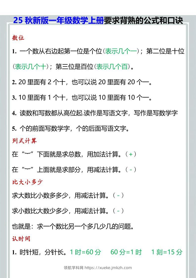 【2025秋新版】一年级数学上册要求背熟的公式和口诀-领航学科网