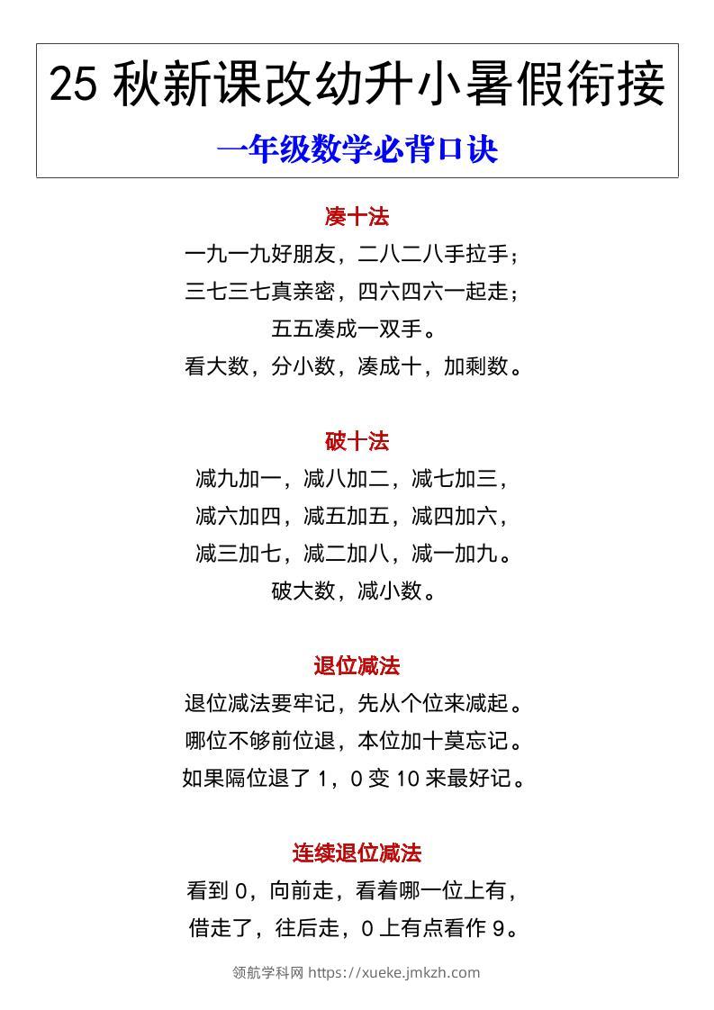 【2025秋新版】幼升小暑假衔接一年级数学必背口诀-一上数学-领航学科网