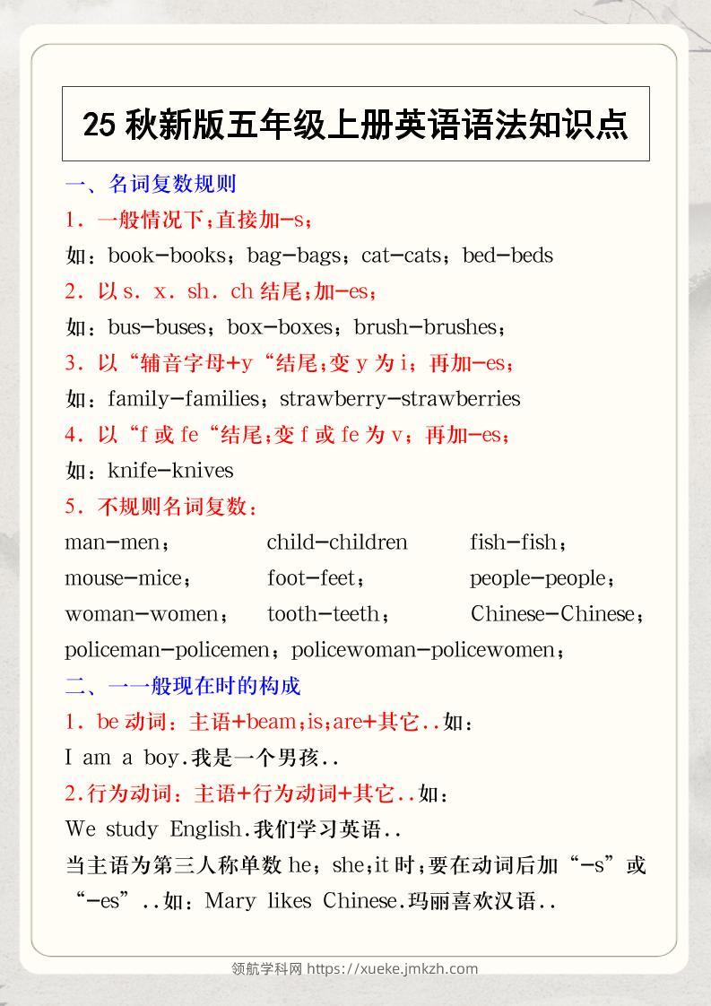 【2025秋新版】五年级上册英语语法知识点-领航学科网