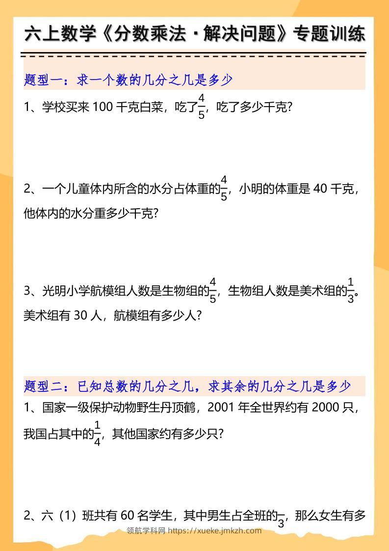 六上数学分数乘法解决问题专项训练（空白+答案10页）-领航学科网
