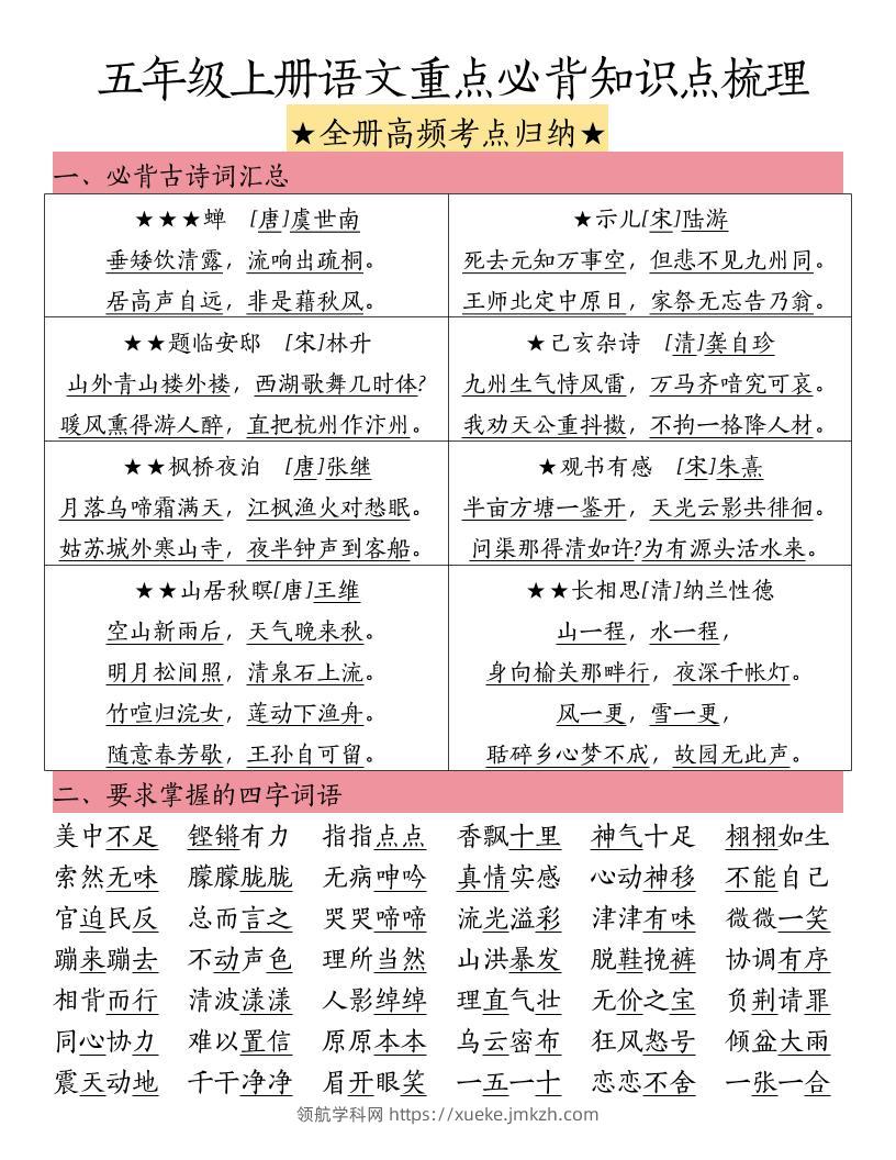 五上语文重点必背知识点梳理-领航学科网
