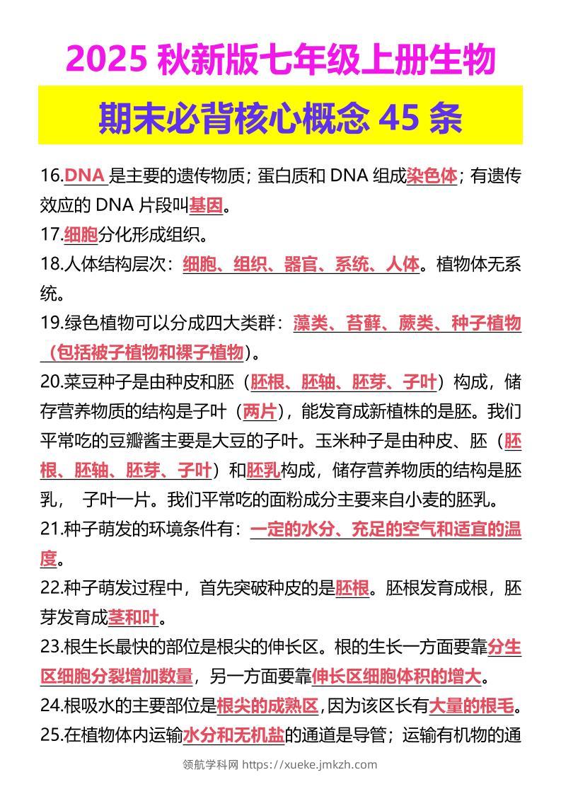 【2025秋新版】七年级上册生物期末必背核心概念45条-领航学科网