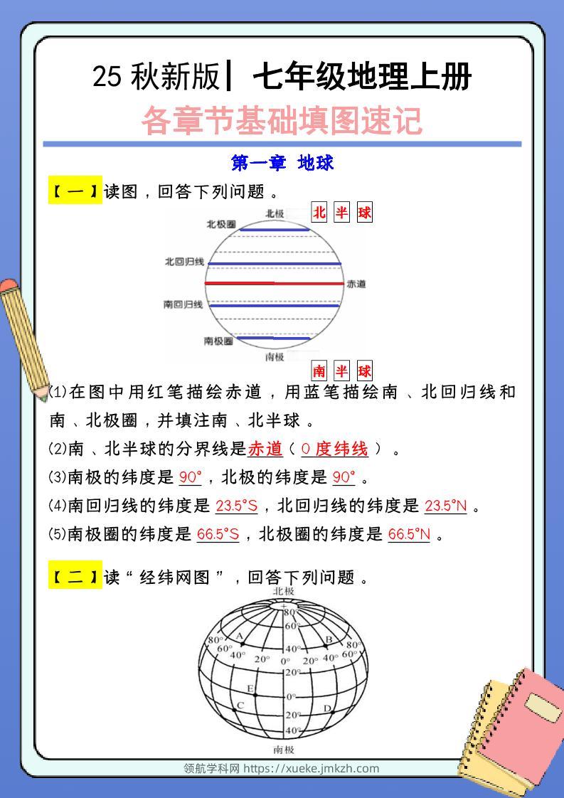 【2025秋新版】七年级地理上册：各章节基础填图速记（含答案）-领航学科网