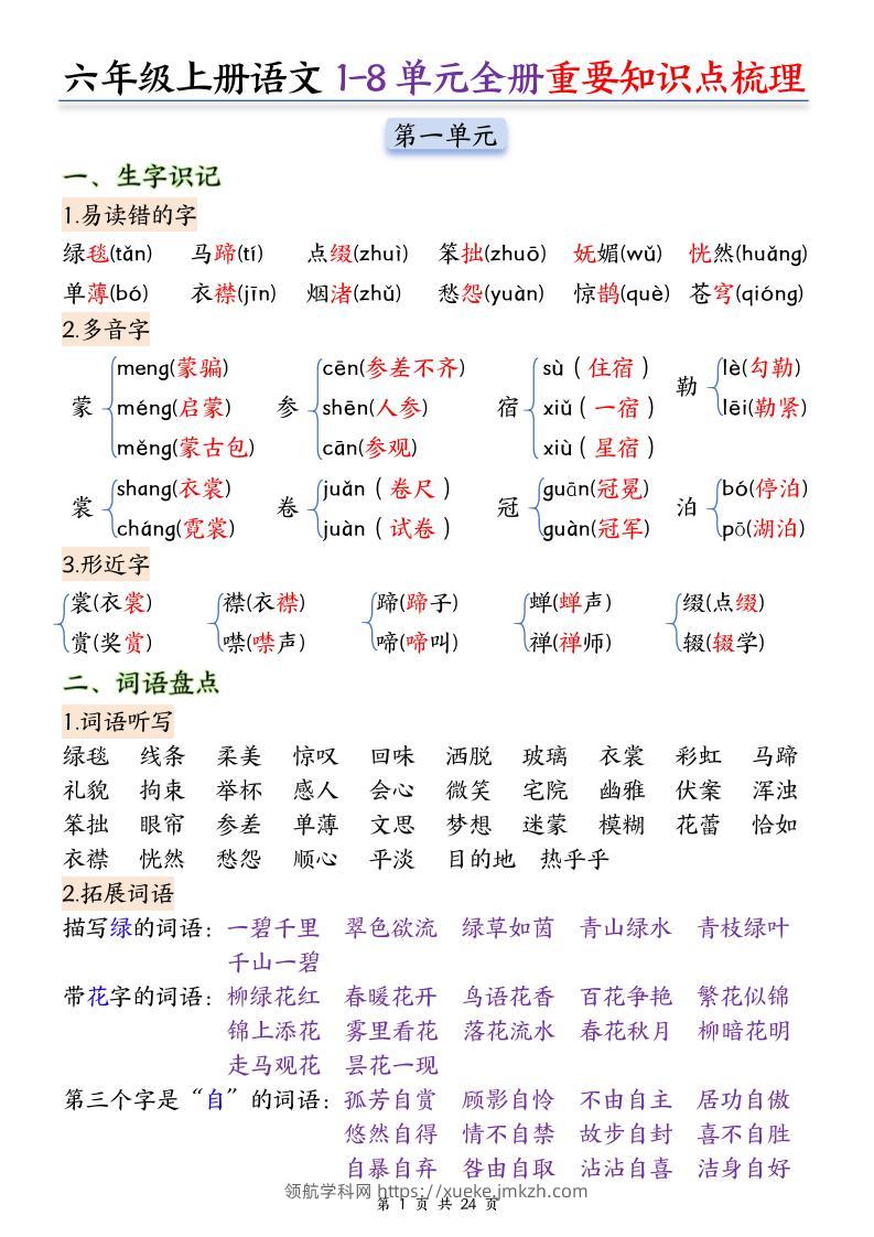 25秋六上语文1-8单元全册重要知识点梳理24页-领航学科网