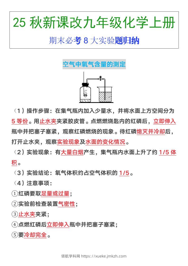【2025秋新版】九年级上册化学期末必考8大实验题归纳-领航学科网