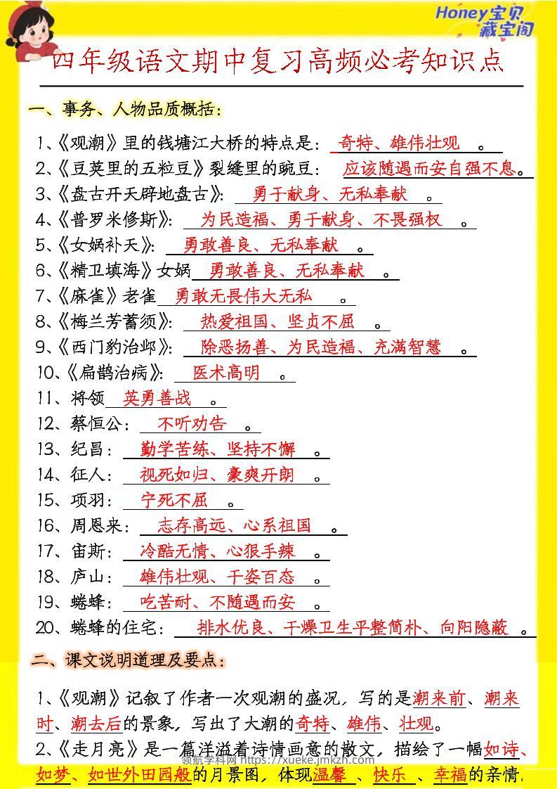 四上语文期中高频考点-领航学科网