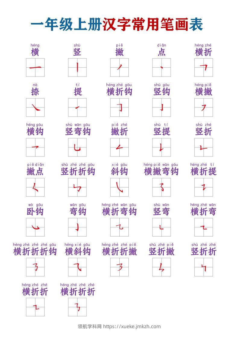 一年级上语文常用笔画名称素材-领航学科网