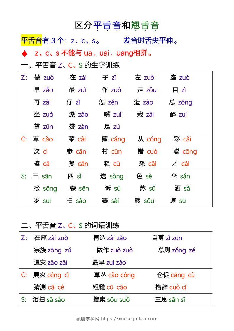 一年级上语文平翘舌音-领航学科网