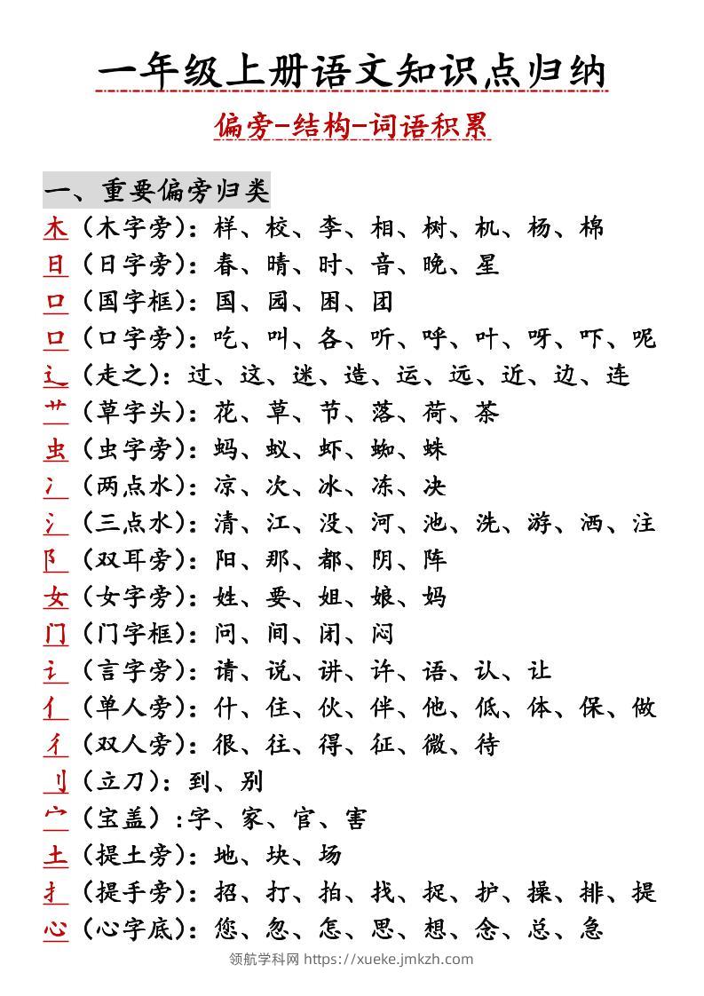 一年级上语文知识点归纳-领航学科网