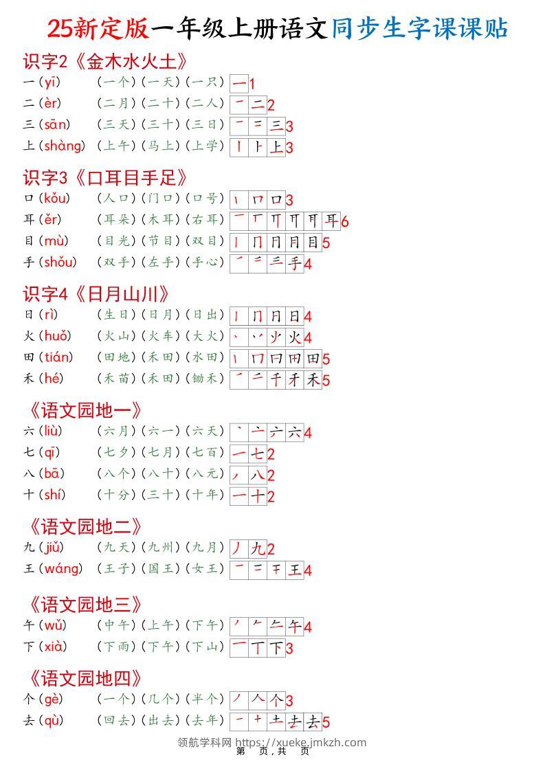 一年级上语文25最新版同步生字课课贴-领航学科网