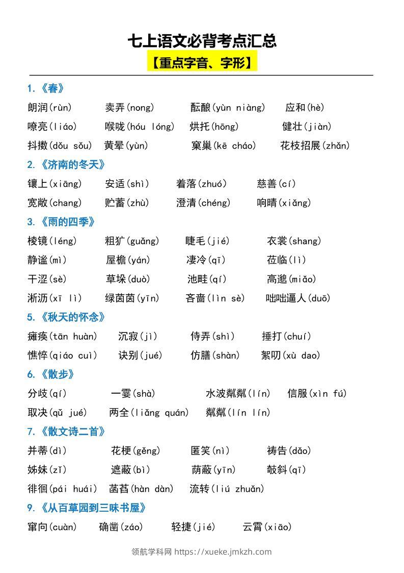 七上语文必背考点汇总-领航学科网