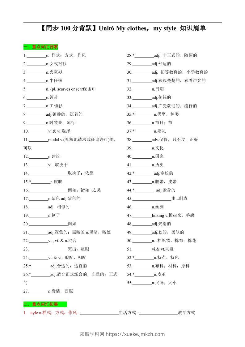 七年级上英语Unit6知识清单背默-领航学科网