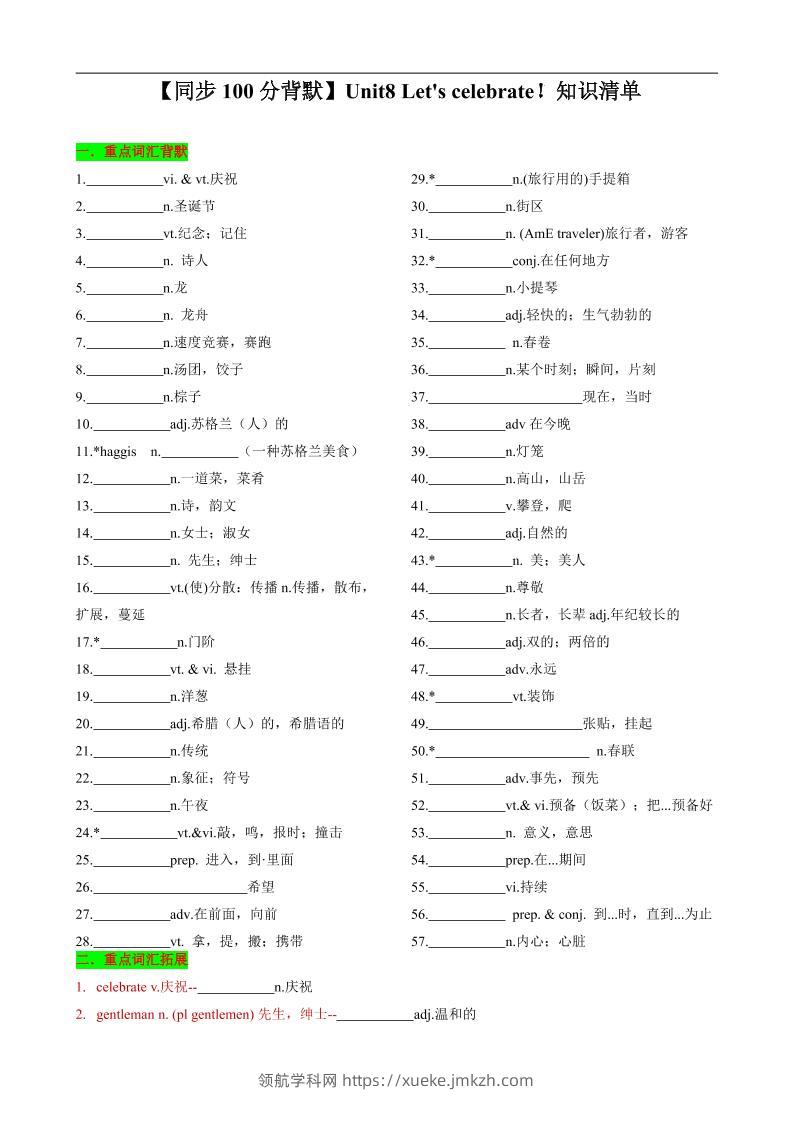 七年级上英语Unit8知识清单背默-领航学科网