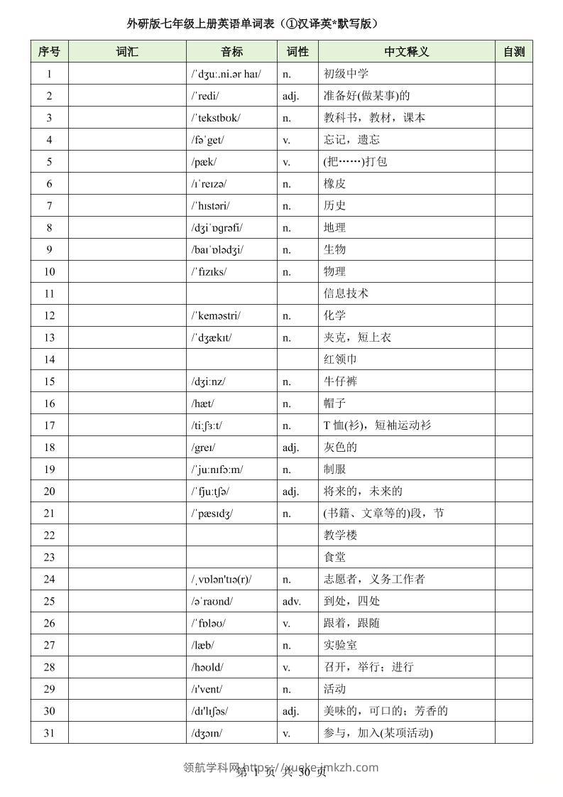 七年级上英语单词表（英汉互译默写）-领航学科网