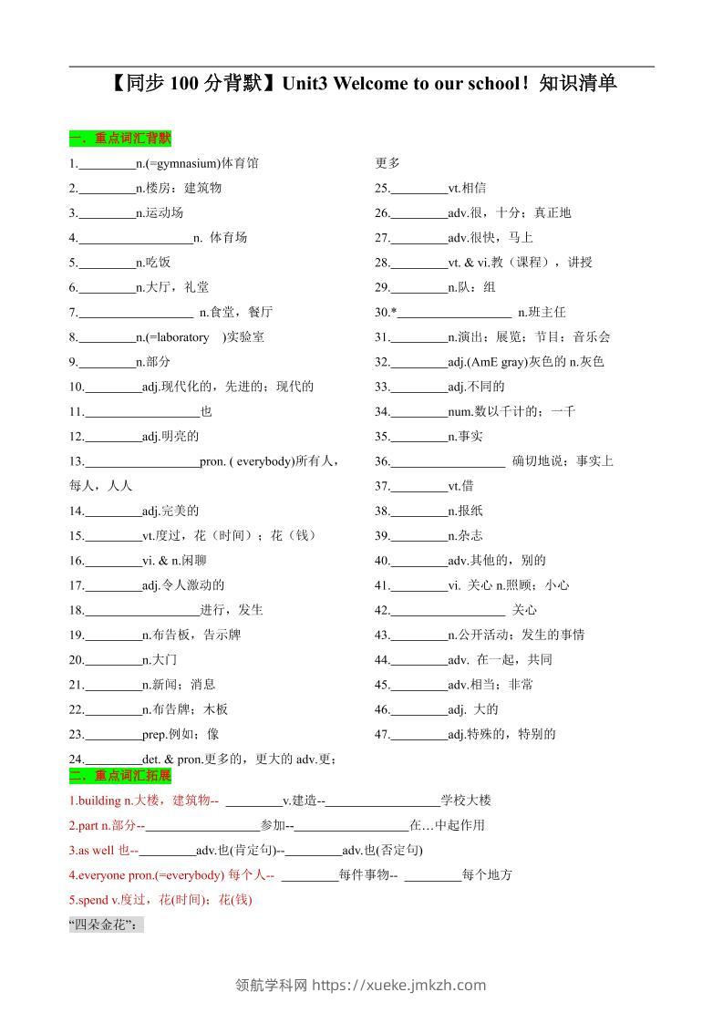 七年级上英语Unit3知识清单背默-领航学科网